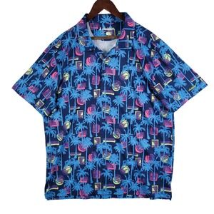 Chubbies Polo Shirt Mens XXL Blue Hawaiian Tropical Palm Tree Print Short Sleeve